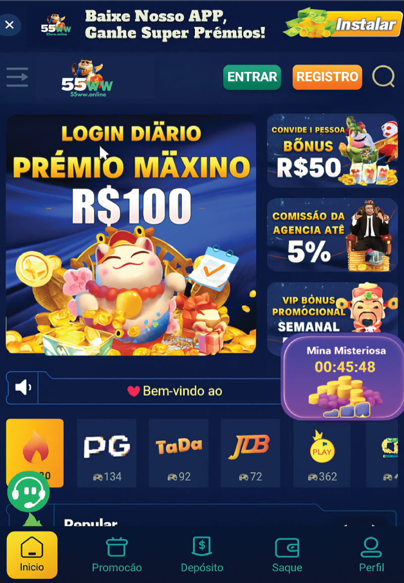 Interface do aplicativo do 55WW Cassino