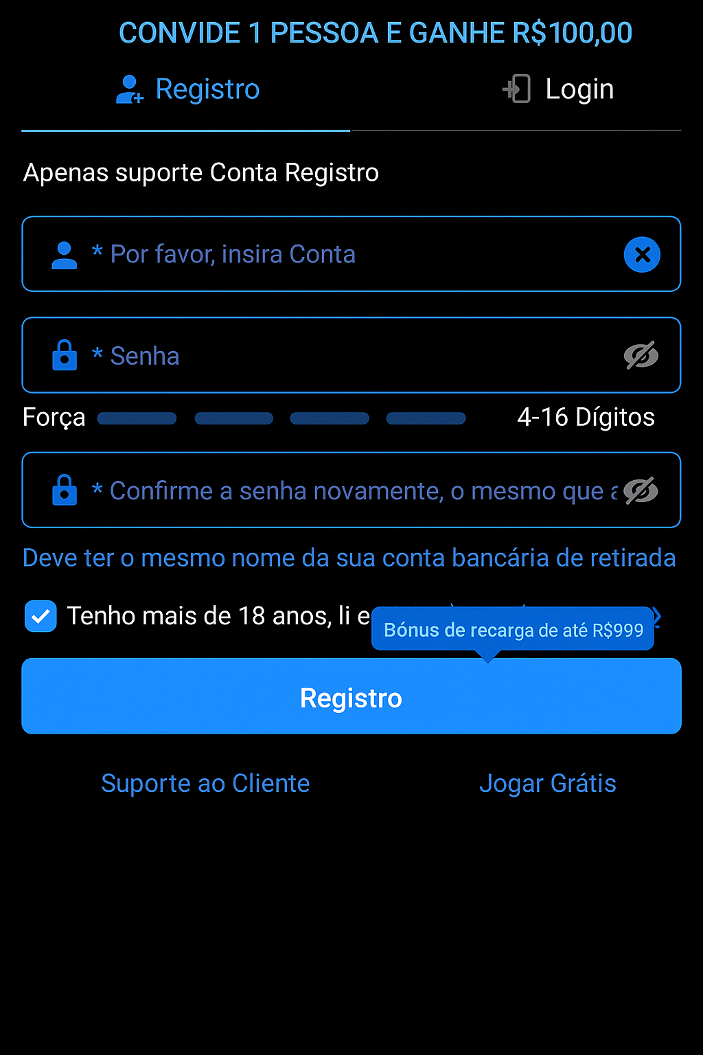 Formulário de cadastro do 55WW Cassino